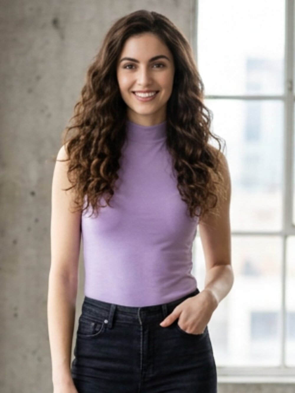No Boundaries Sleeve-Less Mock Neck Wisteria Top